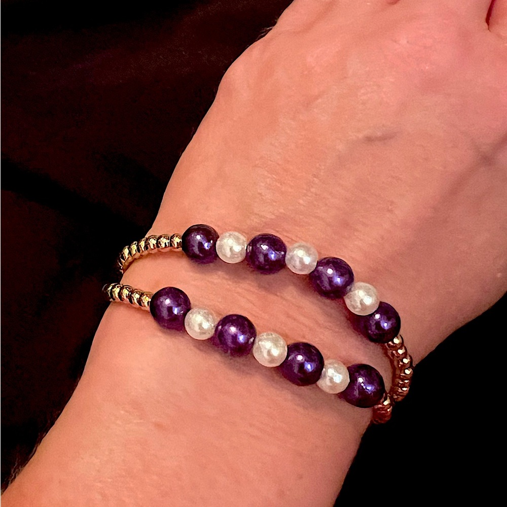 Purple, white and gold double bracelet